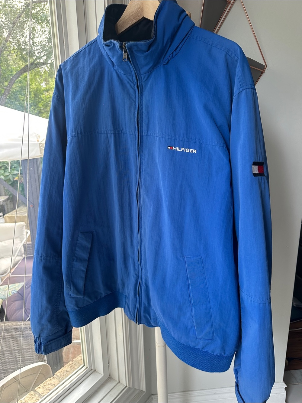 VINTAGE Y2K Tommy Hilfiger Men's Blue Lightweight Zip Jacket Bomber Hooded XXL